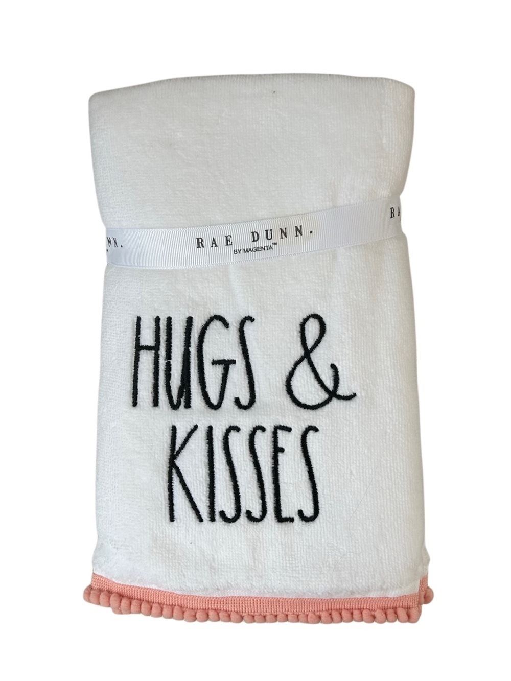 Rae Dunn Hugs & Kisses White Plush Throw Blanket Pink Pom Pom Trim NWT